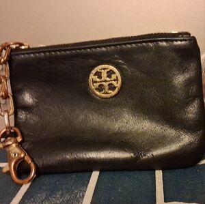 Tory Burch Black Leather 4" Coin Purse with Gold Logo Accent